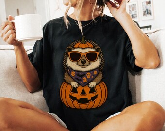 Retro Hedgehog Halloween Shirt, Spooky Pumpkin Comfort Colors Tshirt, Funny Animal Lover Gift