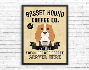 Coffee Wall Decor, Basset Hound Kitchen Art Print, Dog Coffee Wall Art, Coffee Shop Sign, Vintage Coffee Bar Decor, Dog Kitchen Poster