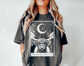 Highland Cow Shirt, Tarot Card Shirt, Scottish Highland Cow Halloween Moon Shirt, Highland Cattle Mom Gift, Farm Animal Comfort Colors Shirt