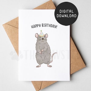 Tarjeta de cumpleaños de rata IMPRIMIBLE, Tarjeta de feliz cumpleaños de rata, Tarjetas de cumpleaños lindas para los amantes de las ratas, Regalo de mamá rata