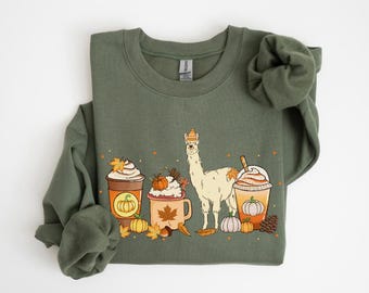 Llama Fall Sweatshirt, Cute Llama Pumpkin Sweater, Pumpkin Spice Iced Coffee Halloween Gifts, Fall Vibes Shirt, Alpaca Thanksgiving Shirt