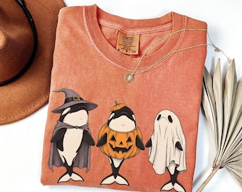 Spooky Orca Whale Halloween Shirt, Retro Pumpkin Witch Ghost Comfort Colors Tshirt, Funny Ocean Animal Lover Gift