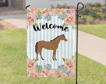 Horse Garden Flag, Spring Garden Flags, Farm Animal House Flag, Floral Porch Yard Decor, Rustic Welcome Sign Farmhouse Outdoor Decoration