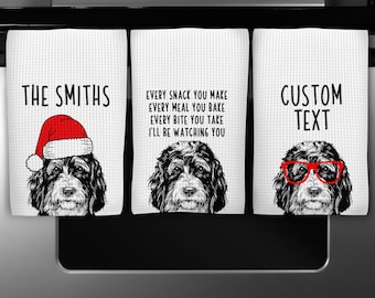Bernedoodle Kitchen Towel, Christmas Tea Towel, Funny Doodle Dog Hand Towels, Custom Waffle Weave Towel, Personalized Housewarming Gift