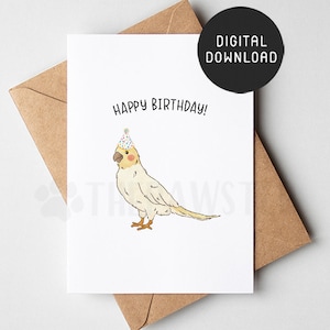 PRINTABLE Cockatiel Birthday Card, Cockatoo Parrot Happy Birthday Card, Cute Birthday Cards for Bird lovers, Yellow Cockatiel Mom Gift
