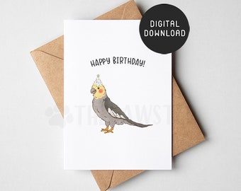 DRUCKBARE graue Nymphensittich Geburtstagskarte, Kakadu Papagei Happy Birthday Card, niedliche Geburtstagskarten für Vogelliebhaber, graue Nymphensittich Mama Geschenk