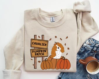 Cavalier King Charles Spaniel Sweatshirt, Fall Cavie Dog Mom Pumpkin Patch Sweatshirt, Thanksgiving Sweater, Halloween Hoodie or Tshirt