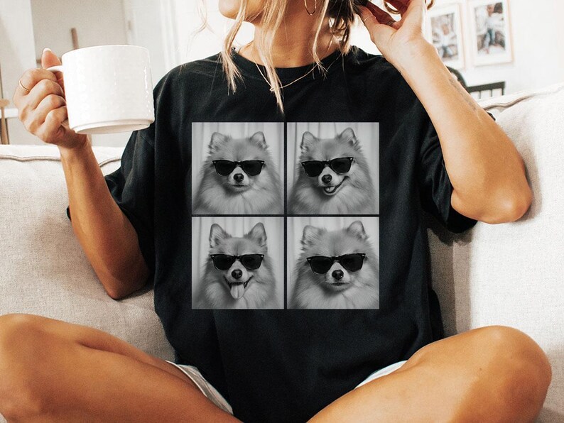 Funny and Cute Comfort Colors shirt for Pomeranian and Photobooth dog lovers! This Pom Dog wearing sunglasses in photo booth art tshirt or sweatshirt is a perfect gift for Pomeranian Mom, Dog Dad and Dog Lover.