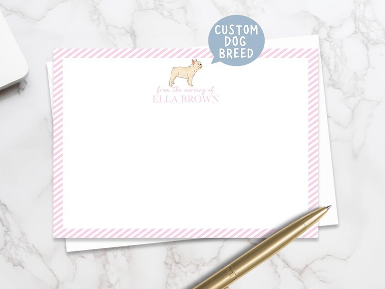 Custom Dog Baby Thank You Card featuring personalized baby name and dog breed art. Great for baby shower thank you note cards, with envelope in a baby notecard set.