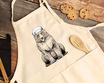 Grizzly bear Apron, Grizzly Aprons with pockets, Woodland Animal Cooking Baking Apron For Women, Men, Kitchen Chef Gifts, Hostess Gift Ideas