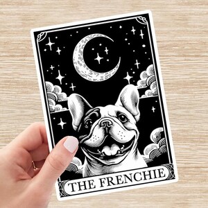 Cute French Bulldog Sticker featuring Frenchie Tarot Card art, dog lovers vinyl stickers for water bottles, luggage, car, water bottle stickers etc. This dog decal is perfect for French Bulldog Mom Gift.