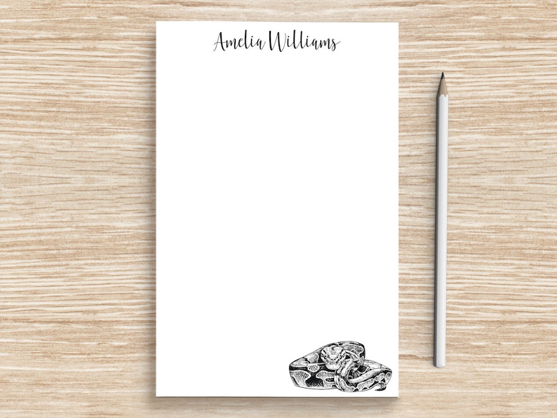 Custom name notepad with cute ball python snake design, personalized stationery for coworker or veterinarian graduation gift, perfect for reptile animal lover gift or snake mom gifts.