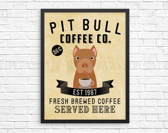 Coffee Wall Decor, Pit Bull Kitchen Art Print, Dog Coffee Wall Art, Coffee Shop Sign, Vintage Coffee Bar Decor, Pitbull Dog Kitchen Poster