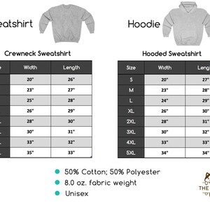 May include: Size chart for a grey crewneck sweatshirt and a grey hooded sweatshirt. The chart shows the width and length measurements in inches for sizes S through 5XL. The fabric is 50% cotton and 50% polyester, 8.0 oz. fabric weight, and unisex.