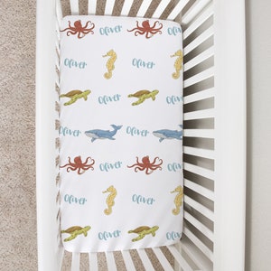 Custom Crib Sheet, Sea Creature Baby Changing Table Cover, Personalized Boy Girl Baby Bedding Sheet, Ocean Animal Baby Shower Gift