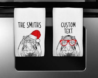 Hippo Kitchen Towel, Christmas Tea Towel, Funny Hippopotamus Animal Hand Towels, Custom Waffle Weave Towel, Personalized Housewarming Gift