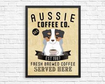 Coffee Wall Decor, Aussie Kitchen Art Print, Dog Coffee Wall Art, Coffee Shop Sign, Vintage Coffee Bar Decor, Australian Shepherd Poster