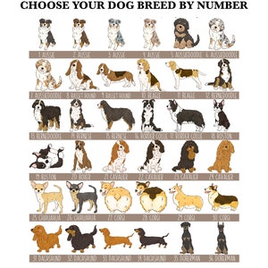 May include: A grid of 36 dog illustrations, each labeled with a breed name and number. Breeds include Aussie, Bernese, Corgi, Dachshund, and Doberman. The text at the top reads "CHOOSE YOUR DOG BREED BY NUMBER."