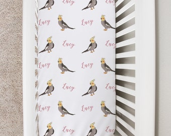 Custom Crib Sheet, Cockatiel Changing Pad Cover, Personalized Baby Crib Sheet for Boys Girls, Parrot Cockatoo Bird Newborn Baby Shower Gift