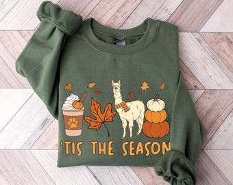 Llama Fall Sweatshirt, Tis The Season Llama Pumpkin Shirt, Fall Animal Sweater, Llama Lover Halloween Gifts