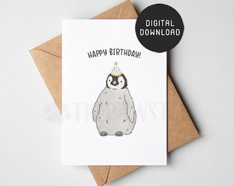 AFDRUKBARE Penguin verjaardagskaart, Animal Happy Birthday Card, leuke verjaardagskaarten voor jongens, meisjes, Penguin Lovers Gift