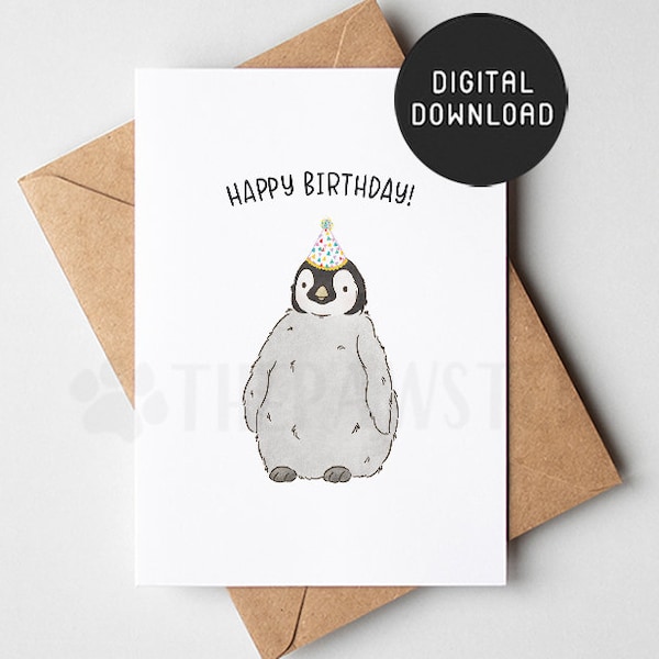 PRINTABLE Penguin Birthday Card, Animal Happy Birthday Card, Cute Birthday Cards for Boys, Girls, Penguin Lovers Gift