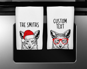 Coyote Kitchen Towel, Christmas Tea Towel, Funny Wolf Animal Hand Towels, Custom Waffle Weave Towel, Coyote Personalized Housewarming Gift