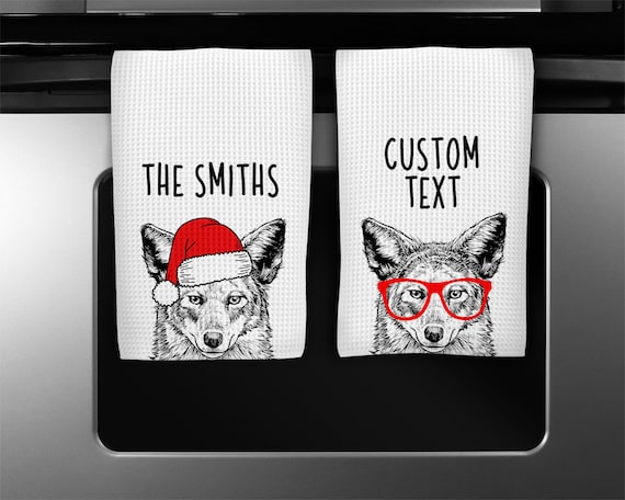 Coyote Kitchen Towel, Christmas Tea Towel, Funny Wolf Animal Hand Towels,  Custom Waffle Weave Towel, Coyote Personalized Housewarming Gift