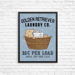 Golden Retriever Dog Laundry Wall Decor, Wash Dry Fold Laundry Art Print, Dog Wall Art, Laundry Room Sign, Vintage Poster Laundry Room Decor