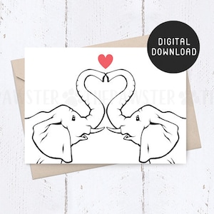 PRINTABLE Happy Valentines Day Card, Elephant Love Card for him, her, Wedding Anniversary Card for Husband, Wife, Boyfriend Girlfriend