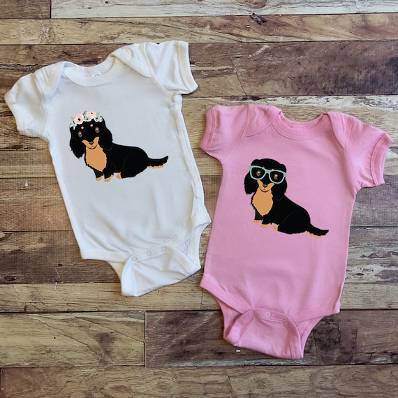 Floral Long Haired Dachshund Baby Bodysuit Nerdy Wiener Dog Etsy
