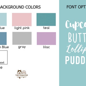 Puede incluir: Un dise&ntilde;o gr&aacute;fico que muestra diferentes opciones de color de fondo para un proyecto de dise&ntilde;o. Los colores son azul claro, rosa claro, verde azulado, azul Andaman, gris y lila. El texto "Cupcake Butter Lollipop Pudding" se muestra en blanco sobre un fondo azul claro.