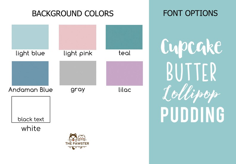 Puede incluir: Un dise&ntilde;o gr&aacute;fico que muestra diferentes opciones de color de fondo para un proyecto de dise&ntilde;o. Los colores son azul claro, rosa claro, verde azulado, azul Andaman, gris y lila. El texto "Cupcake Butter Lollipop Pudding" se muestra en blanco sobre un fondo azul claro.