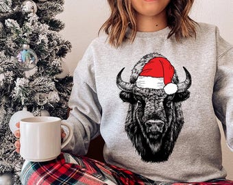 Bison Buffalo Christmas Sweatshirt, Santa American Bison Christmas Shirt, Animal Christmas Sweater, Bison Buffalo Lover Christmas Gifts