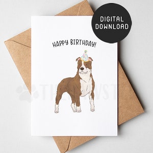 DRUCKBARE Pitbull Geburtstagskarte, Happy Birthday Card vom Hund, Brown Pitbull Mama Hund Papa Geburtstagskarten vom Hund, Pittie Mama Geschenk