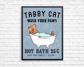 Orange Tabby Cat Bathroom Wall Decor, Wash Your Paws Bathroom Art Print, Cat Wall Art, Bathroom Signs, Cat Quote Wall Art, Vintage Poster