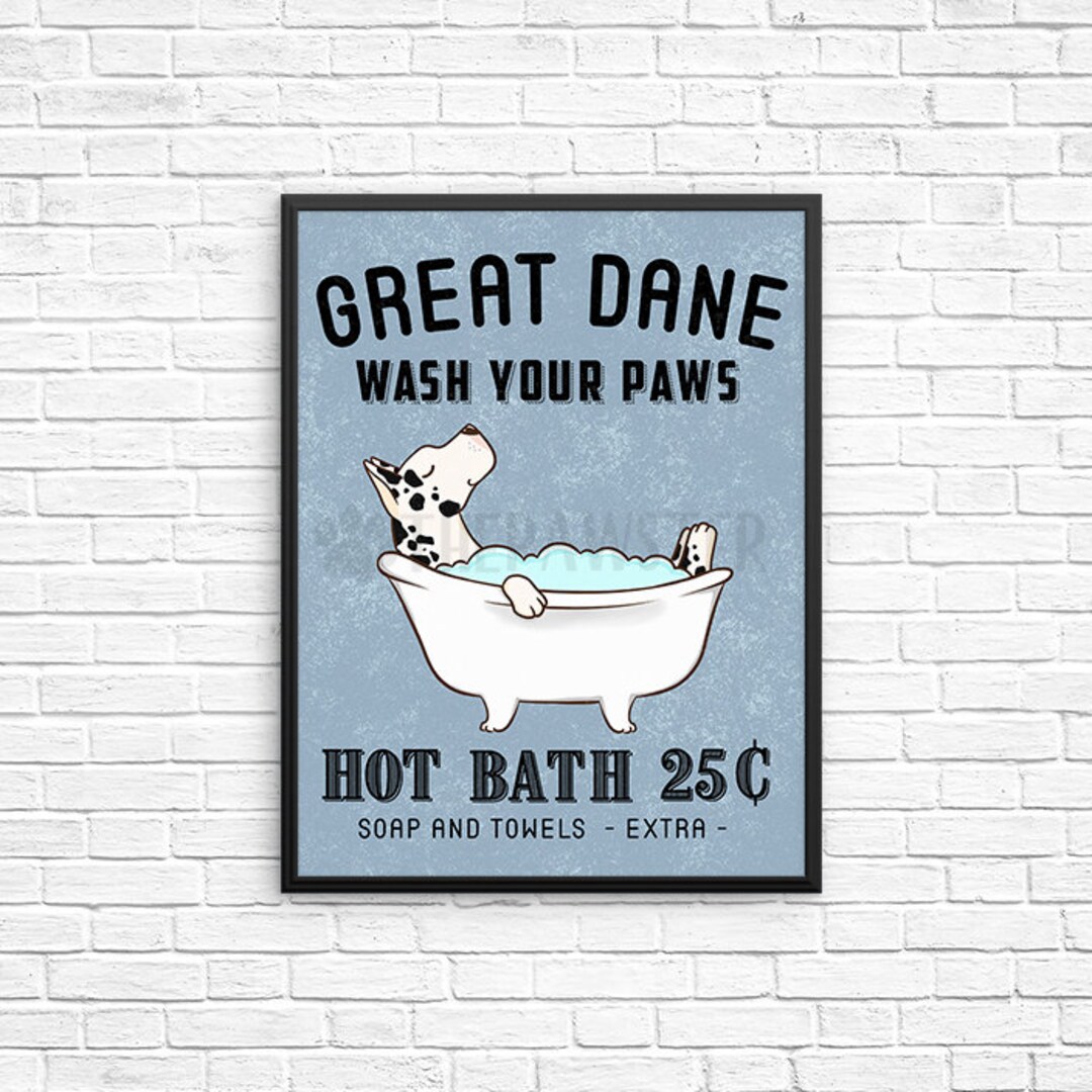 Great Dane Bathroom Wall Decor, Wash Your Paws Bathroom Art Print, Dog ...