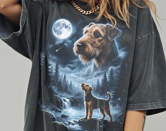 Camiseta Airedale Terrier aullando a la luna, divertida camiseta de Halloween con colores que brindan comodidad al perro, regalos