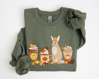 Rabbit Fall Sweatshirt, Cute Bunny Pumpkin Sweater, Pumpkin Spice Iced Coffee Halloween Gifts, Fall Vibes Shirt, Rabbit Thanksgiving Shirt