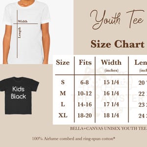 May include: Youth tee size chart with measurements in inches. The chart shows sizes S, M, L, and XL with corresponding fits, widths, and lengths. The chart is printed on a light brown background with the words "Youth Tee" and "Size Chart" in brown text.