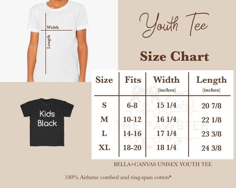 May include: Youth tee size chart with measurements in inches. The chart shows sizes S, M, L, and XL with corresponding fits, widths, and lengths. The chart is printed on a light brown background with the words "Youth Tee" and "Size Chart" in brown text.