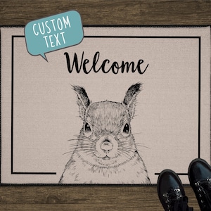 Squirrel Door Mat, Woodland Animal Custom Front Doormat, Personalized Welcome Mat, Large Floor Mat, Realtor Gift for Clients, Closing Gift
