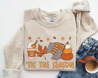 Hippo Fall Sweatshirt, Tis The Season Hippopotamus Pumpkin Shirt, Fall Safari Animal Sweater, Hippo Lover Wildlife Halloween Gifts