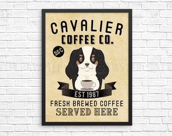 Coffee Wall Decor, Tri Color Cavalier King Charles Spaniel Kitchen Art Print, Dog Coffee Wall Art, Coffee Shop Sign Vintage Coffee Bar Decor