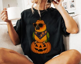 Retro Sun Conure Parrot Halloween Shirt, Spooky Pumpkin Comfort Colors Tshirt, Funny Bird Lover Gift