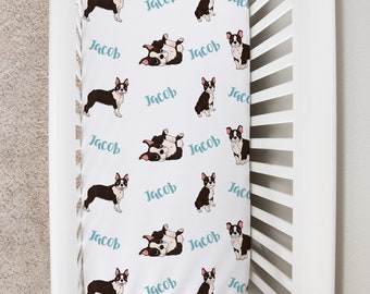 Custom Crib Sheet, Boston Terrier Baby Changing Table Cover, Personalized Boy Girl Baby Bedding Sheet, Dog Newborn Baby Shower Gift