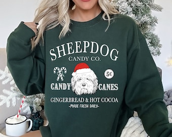 Old English Sheepdog Christmas Sweatshirt, Santa Dog Retro Christmas Sweater, Candy Co Shirt Candy Cane Xmas Tee North Pole Sheepie Gifts