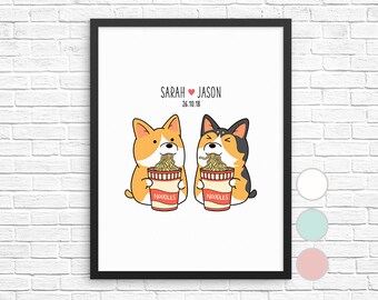 Corgi Wall Art, Custom Name Print, Personalized Couple Wedding Decor, Dog Corgi Noodle Sign, Poster, Newlywed Valentine Housewarming Gift
