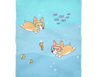 Diving Corgi Fleece Blanket, Baby Blanket, Dog Throw Blanket, Dog Lovers Gift, Corgi Gifts, Corgi Blanket