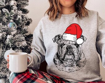 Sweat-shirt de Noël bouledogue anglais, chemise de Noël père Noël bouledogue, pull de Noël maman chien, cadeaux de Noël pour amateur de bouledogue anglais